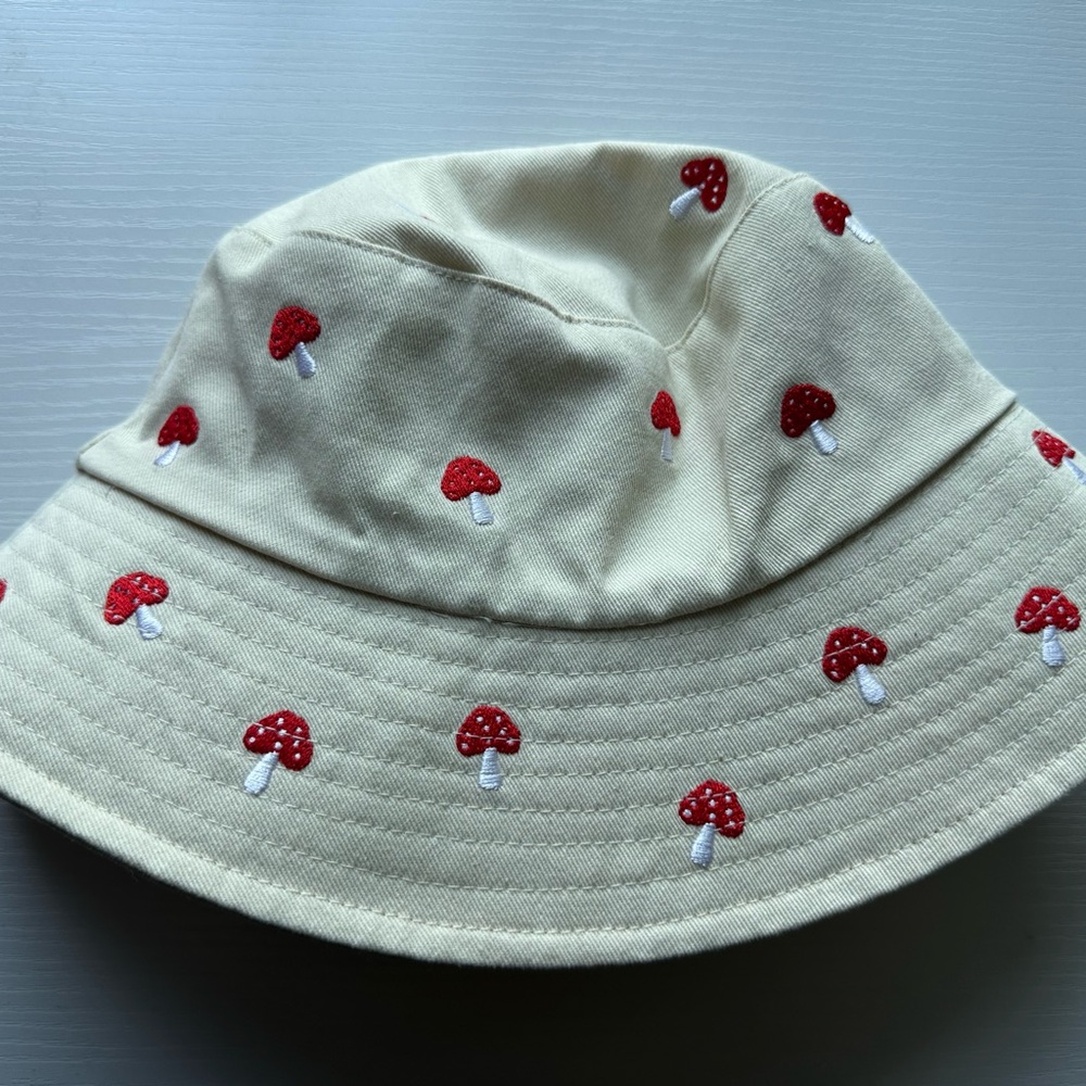Forever 21 Cream Bucket Hat with Red Mushroom Embroidery